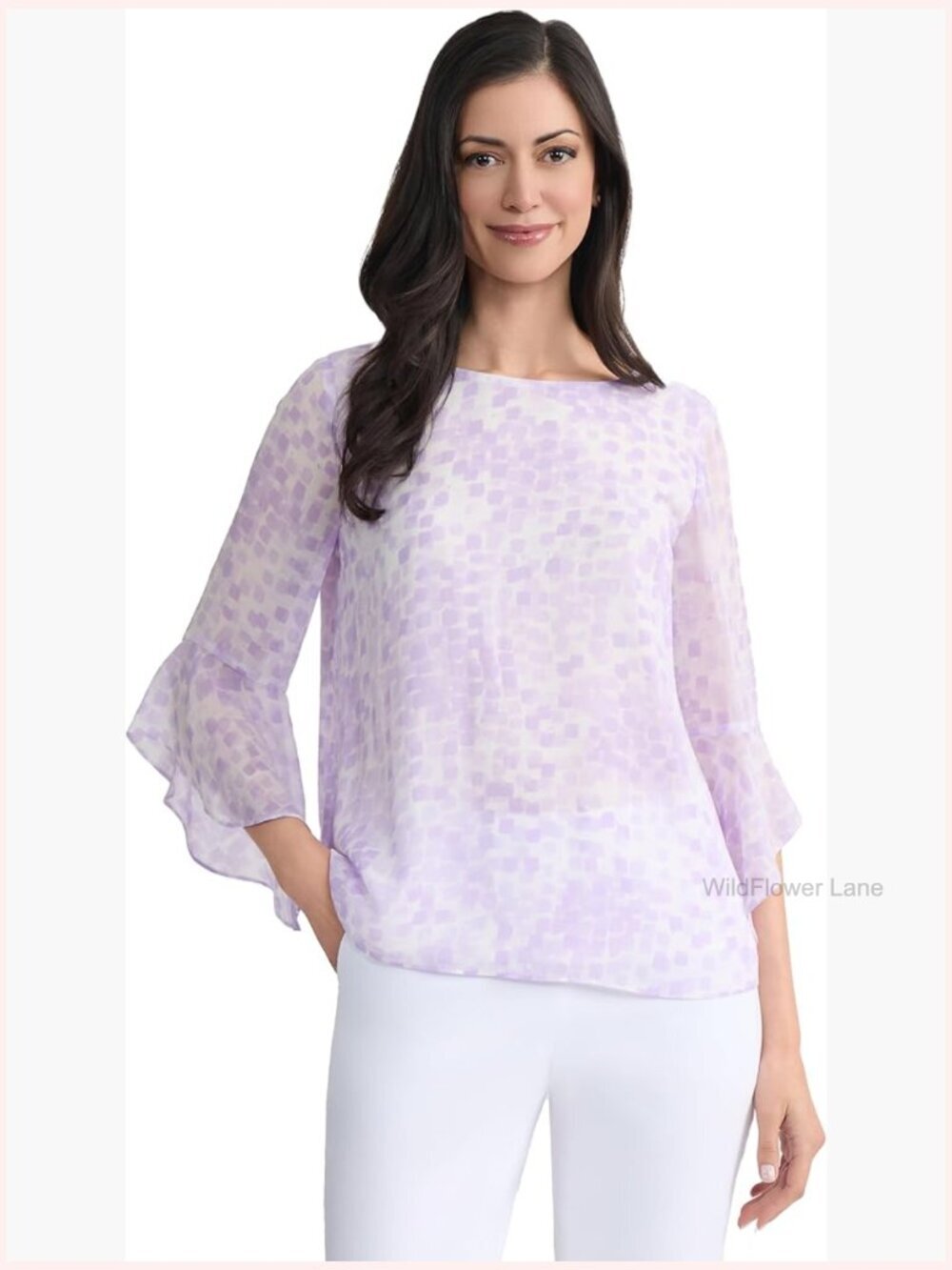 Plus-Size 3/4 Ruffle Sleeve Printed Chiffon Top Blouse